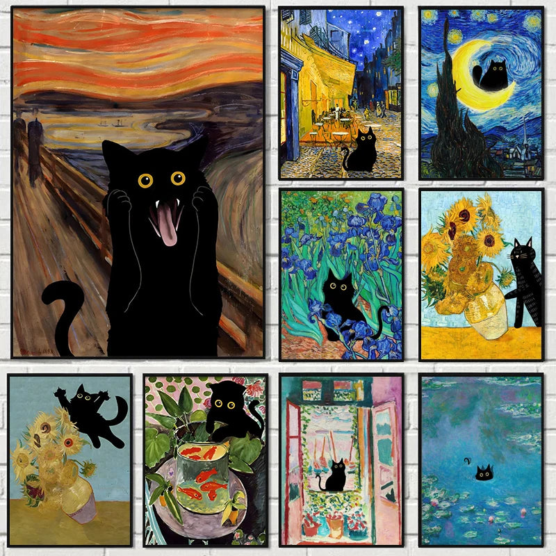 Funny Art Matisse Monet Black Cat Van Gogh Sunflowers Canvas Painting Posters and Prints Wall Pictures for Living Room Decor Funny Art Matisse Monet Black Cat Van Gogh Sunflowers Canvas Painting Posters and Prints Wall Pictures for Living Room Decor
